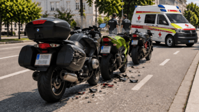 Zwei Polizisten in Uniform neben einem Rettungswagen und Motorrädern mit Unfallspuren