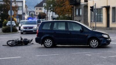 Beschädigter dunkelblauer Van und umgestürztes Mofa auf der Straße mit Polizeiwagen im Hintergrund.