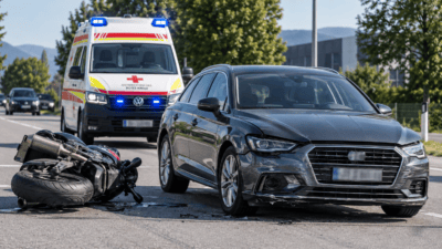 Umgestürztes Motorrad neben beschädigtem Pkw und Rettungswagen des Roten Kreuzes an Unfallstelle