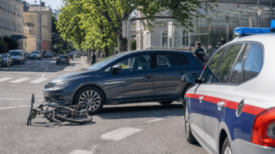 Ein umgestürztes Fahrrad liegt auf der Straße vor einem grauen Auto und einem Polizeiwagen.