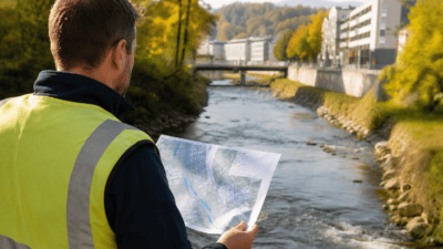 Mann in gelber Warnweste hält einen Plan und blickt auf einen Fluss.