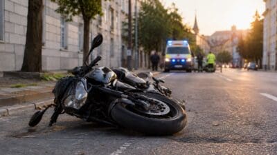 Ein verunglücktes Motorrad liegt auf einer Straße im Abendlicht, im Hintergrund ein Rettungswagen mit Blaulicht.