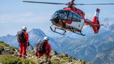 Zwei Rettungskräfte in roten Anzügen beobachten einen roten Hubschrauber über den Bergen.
