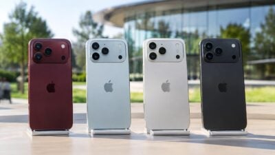 Rückansicht von vier iPhone-Modellen in Rot, Hellgrau, Silber und Schwarz auf einer Holzfläche.