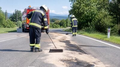 Dieselspur auf B 311 beseitigt in St. Johann im Pongau