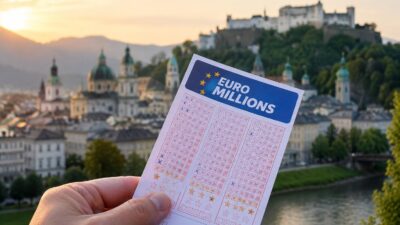 Eine Hand hält einen ausgefüllten EuroMillions-Wettschein vor der Salzburger Altstadt mit Festung.
