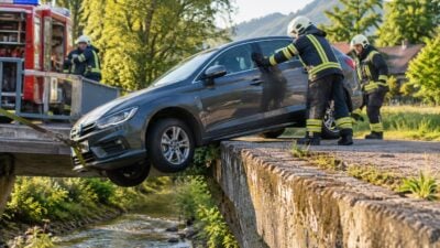 Fahrzeugbergung in Tiffen: Pkw droht in Bach zu stürzen
