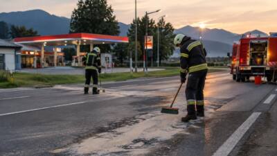 Feuerwehr Kolsass beseitigt Ölspur auf Bundesstraße