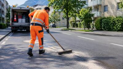 Feuerwehr Münster reinigt Ölspur am Helgolandring