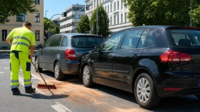 Feuerwehr reinigt Fahrbahn nach Auffahrunfall