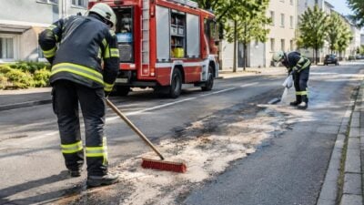 Feuerwehr reinigt Fahrbahn nach Ölaustritt aus Pkw in Schörfling