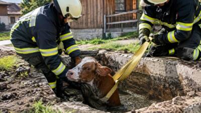 Feuerwehr Saalfelden rettet Kalb aus Güllegrube in Almdorf