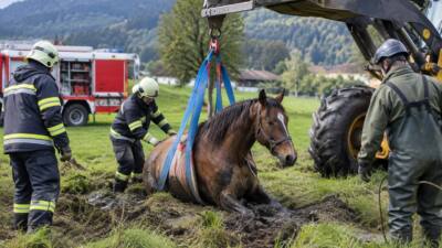 Feuerwehren befreien Pferd in Premersdorf aus sumpfigem Gelände