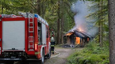 Hüttenbrand im Wald: Feuerwehr verhindert Ausbreitung der Flammen