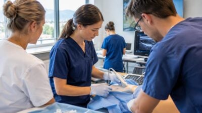 Medizinstudierende in blauer Arbeitskleidung üben die Handhabung einer Ultraschallsonde an einem Modellarm.