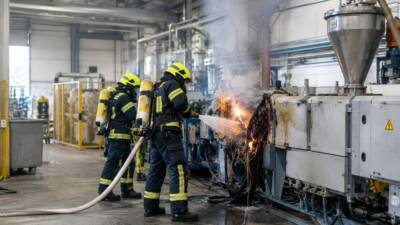 Zwei Feuerwehrleute in Schutzkleidung und Atemschutz löschen einen Kabelbrand an einer Industrieanlage mit Wasserschlauch.