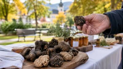 Eine Hand hält eine Trüffel über einem Holzbrett mit weiteren Trüffeln auf einem Marktstand.