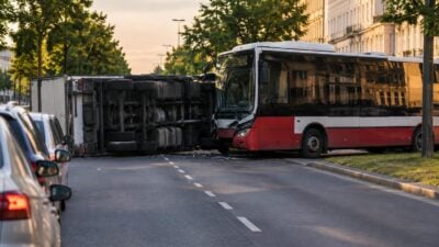 Lkw kippt nach Zusammenstoß mit Linienbus in Wien um