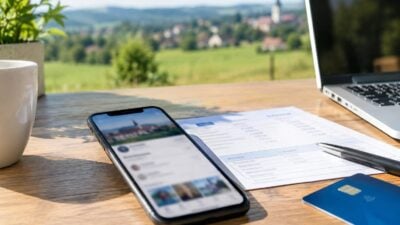 Smartphone mit App-Display liegt auf Holztisch neben Bankdokument Laptop und Kreditkarte