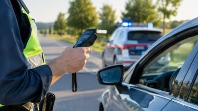 Polizist in gelber Warnweste hält ein Alkoholmessgerät neben einem Pkw