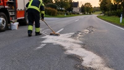 Ölspur auf der B5 in Pfaffenschlag nach gelöstem Schieberdeckel