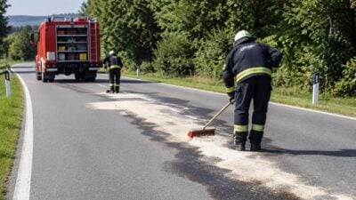 Ölspur auf der B72 im Bezirk Weiz: Feuerwehr Koglhof reinigt Fahrbahn