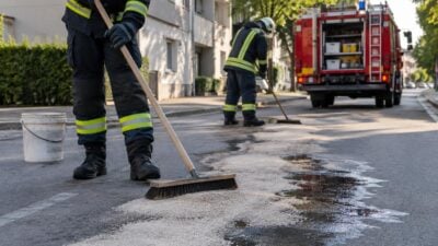 Feuerwehrmann in Schutzkleidung kehrt mit einem Besen eine Ölspur auf der Straße.