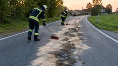 Ölspur in Hiesbach: Feuerwehren binden 60 Meter