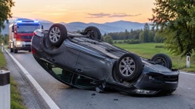 Ein umgekippter grauer Pkw liegt auf dem Dach auf einer Landstraße, im Hintergrund ein Feuerwehrfahrzeug mit Blaulicht.