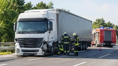 Weißer Lkw mit beschädigter Front auf Autobahn und Feuerwehrleute am Einsatzort