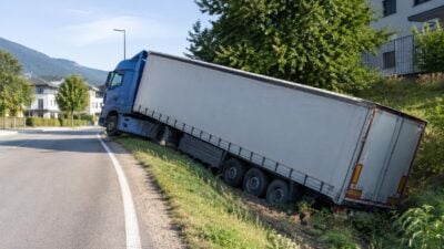 Polnischer Sattelschlepper bleibt bei Mützens an Böschung hängen