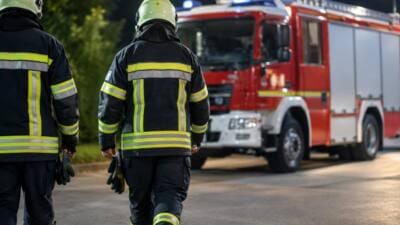 Feuerwehrleute in Schutzkleidung gehen bei Dunkelheit auf ein rotes Einsatzfahrzeug zu.