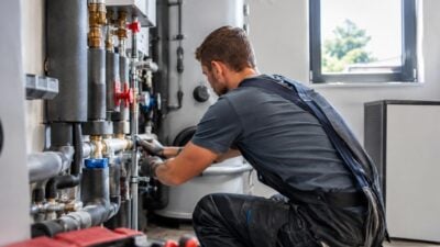 Ein Handwerker in Arbeitskleidung kniet vor einem Rohrsystem und bedient die Ventile in einem Technikraum.