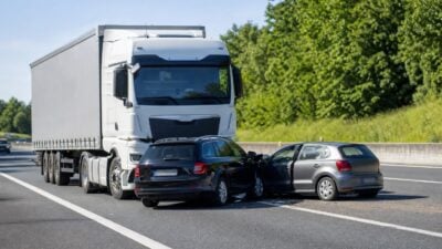 Sattelkraftfahrzeug drückt Pkw bei Schollach gegen Betonleitwand