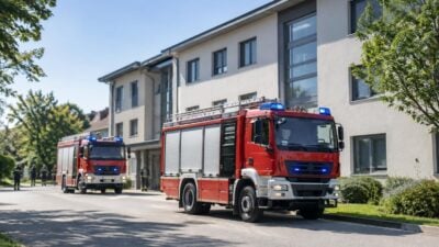 Einsatzfahrzeuge der Feuerwehr Lichtenegg vor der Schule nach einem Fehlalarm