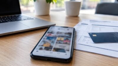 Ein Smartphone zeigt eine App mit Bildern auf einem Holztisch, daneben ein Laptop, Dokumente und eine Kreditkarte.