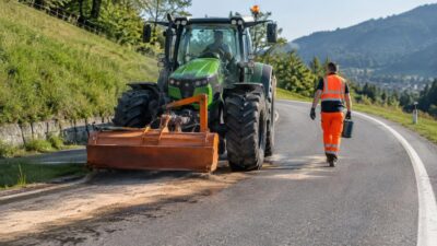 Traktor verliert Hydrauliköl auf Bergstraße in Hallwang