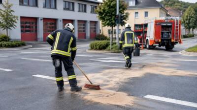Unfall in Peilstein: Feuerwehr bindet ausgelaufene Betriebsmittel