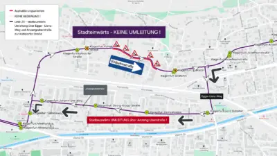 Kartenübersicht zeigt Asphaltierungsarbeiten und Änderungen der Buslinie 20 in Klagenfurt.