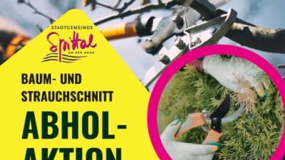 Plakat zur kostenlosen Baum- und Strauchschnitt-Abholaktion mit Gartenschere und Telefonnummer