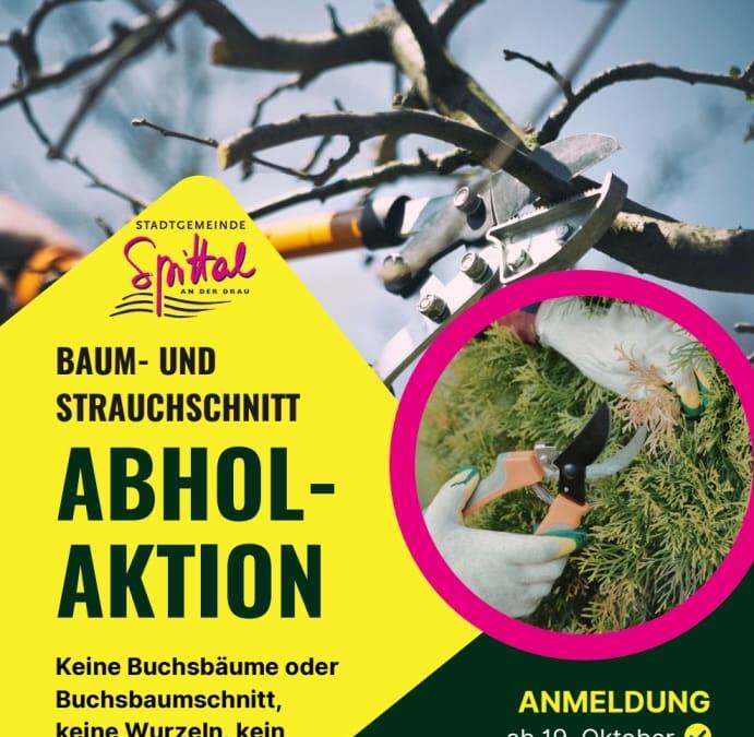 Plakat zur kostenlosen Baum- und Strauchschnitt-Abholaktion mit Gartenschere und Telefonnummer