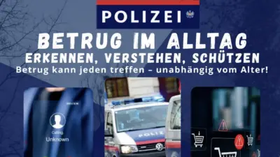 Plakat kündigt Polizeivortrag über Betrugsmaschen bei Anrufen, Nachrichten und Online-Angeboten in Seeboden an.