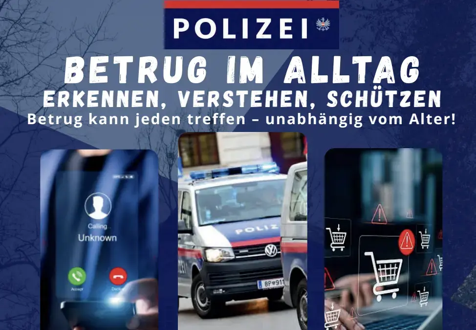 Plakat kündigt Polizeivortrag über Betrugsmaschen bei Anrufen, Nachrichten und Online-Angeboten in Seeboden an.