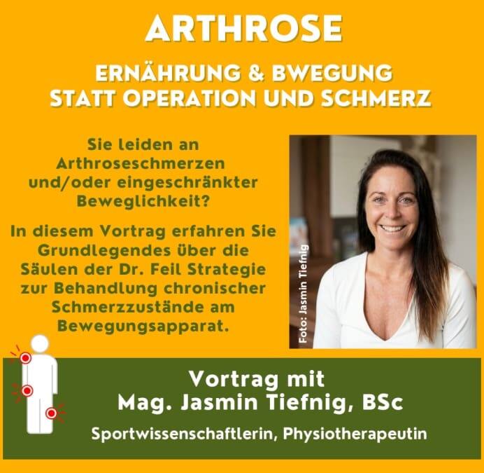 Veranstaltungsplakat zu Arthrose mit Porträt von Jasmin Tiefnig und Vortragstermin in Spittal