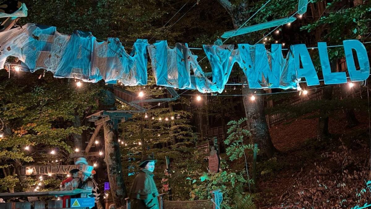 Beleuchteter Waldweg mit Halloween-Dekoration und verkleideten Menschen im Familywald.