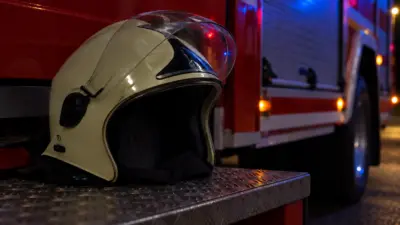 Ein heller Schutzhelm liegt auf einem roten Einsatzfahrzeug im nächtlichen Blaulicht.
