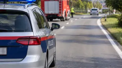 Polizeiauto mit eingeschaltetem Blaulicht und Feuerwehrfahrzeug auf einer Landstraße.