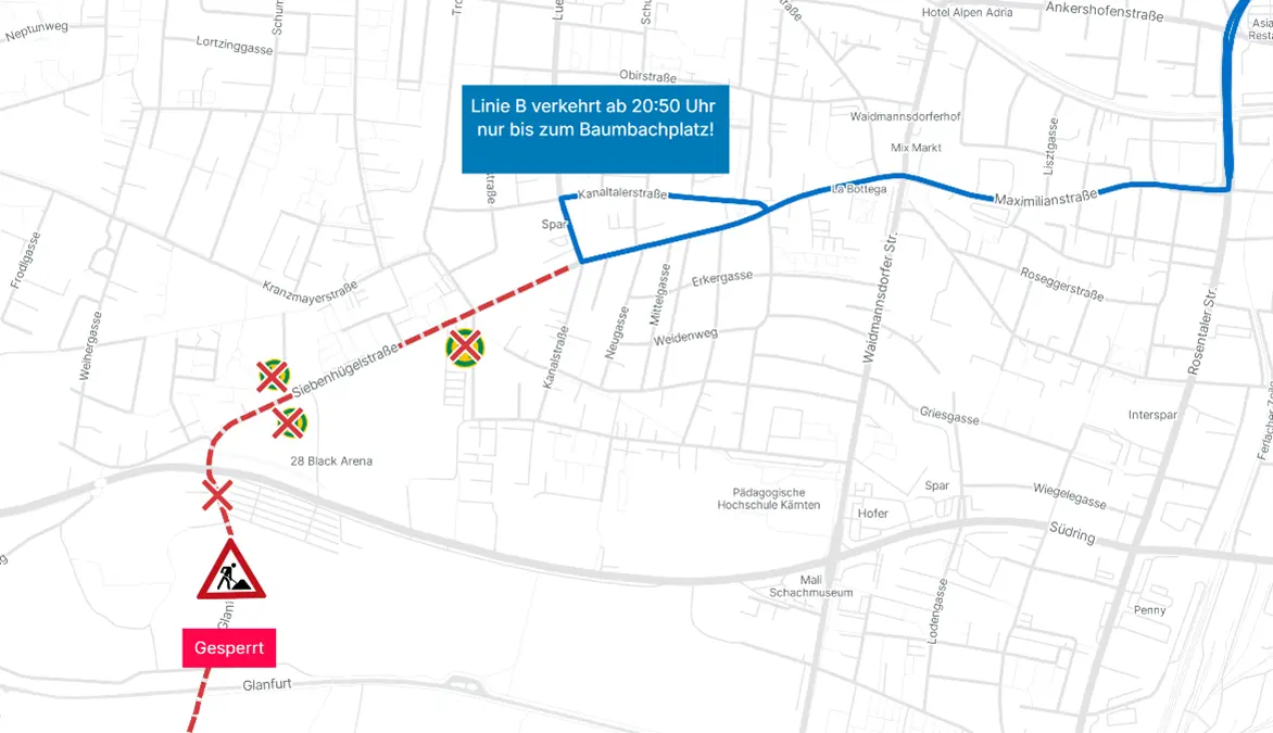 Karte mit blauem Buslinienverlauf, rot markiertem Streckenabschnitt und Hinweisen zu Haltestellenausfällen