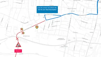 Karte mit blauem Buslinienverlauf, rot markiertem Streckenabschnitt und Hinweisen zu Haltestellenausfällen