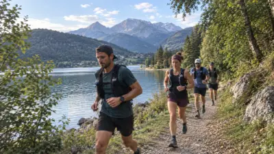 Läufer auf einem schmalen Uferweg an einem Bergsee vor alpiner Kulisse
